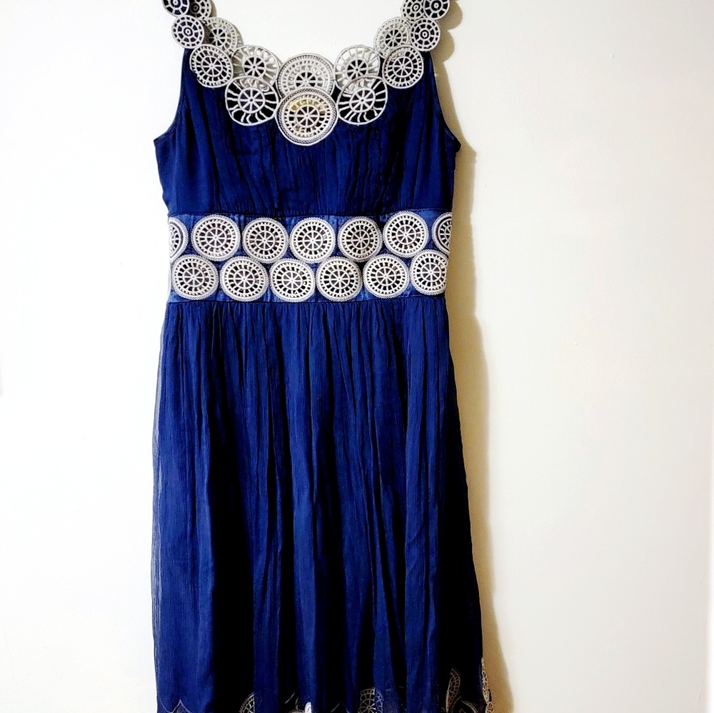 CATHERINE MALANDRINO Navy Silk "Marlin" Cocktail Dress 8P